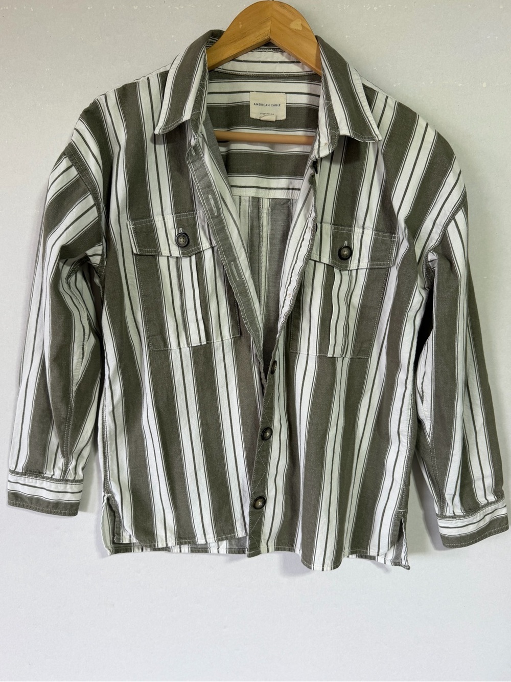 American Eagle Outfitters Olive and White Striped Button-Down Shirt